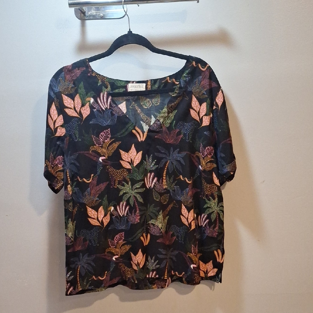 Papillon Blanc Black and Multicolor Leaf Blouse